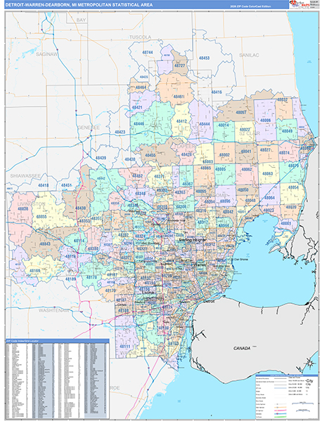 Detroit-Warren-Dearborn Metro Area Wall Map Color Cast Style
